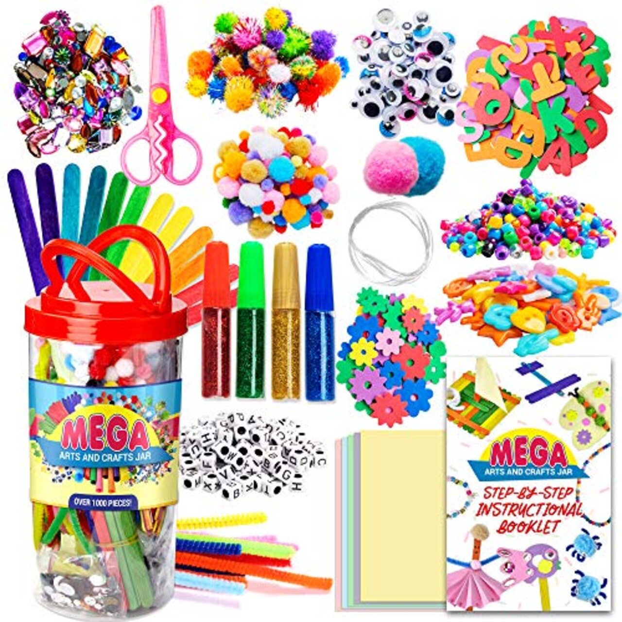 1000+ Piece Set Mega Kids Crafts and Art Supplies Jar Kit - Instructional Booklet Included - Glitter Glue, Construction Paper, Colored Popsicle Sticks, Googly Eyes, Pipe Cleaners